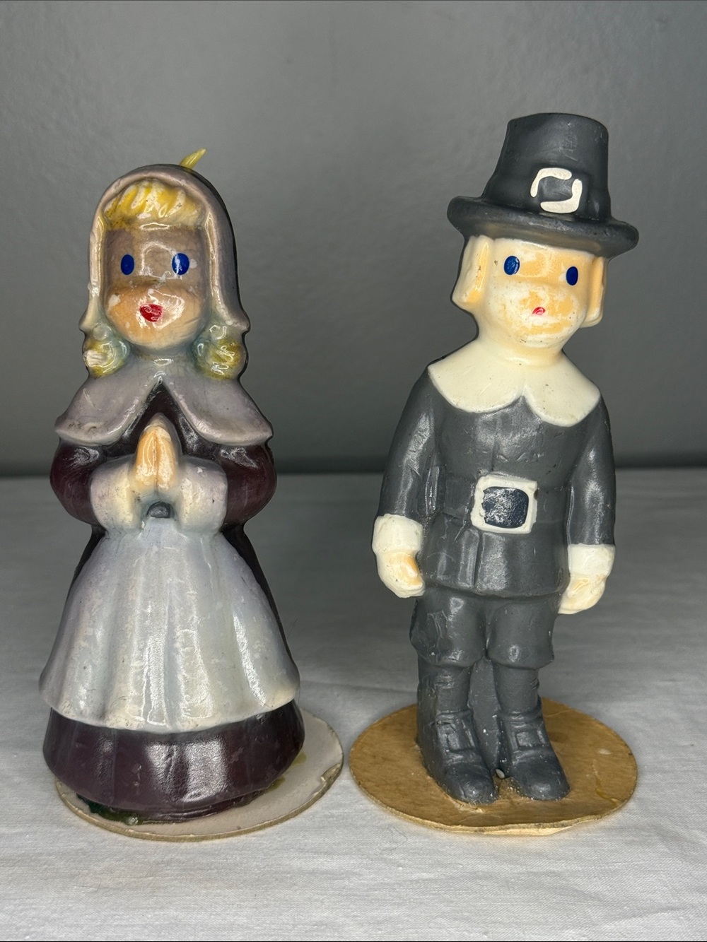 Vintage Gurley Thanksgiving Pilgrim Candles Pair 6” Man Woman Figural Decor